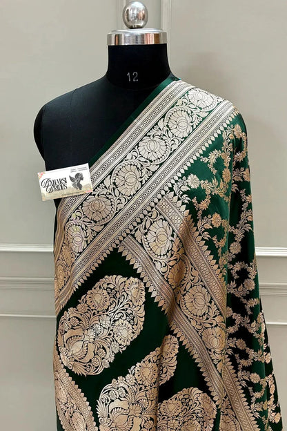 Bottle Green Jaal Katan Silk Banarasi Saree