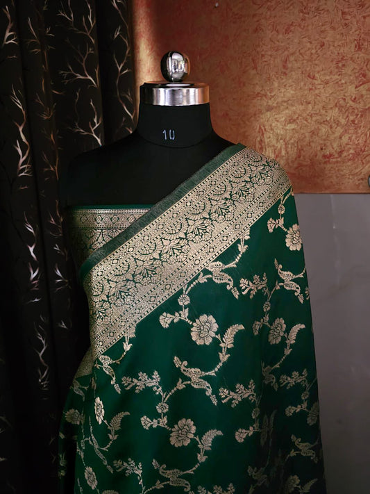 “Green Banarasi Silk Saree with Heavy Jaal