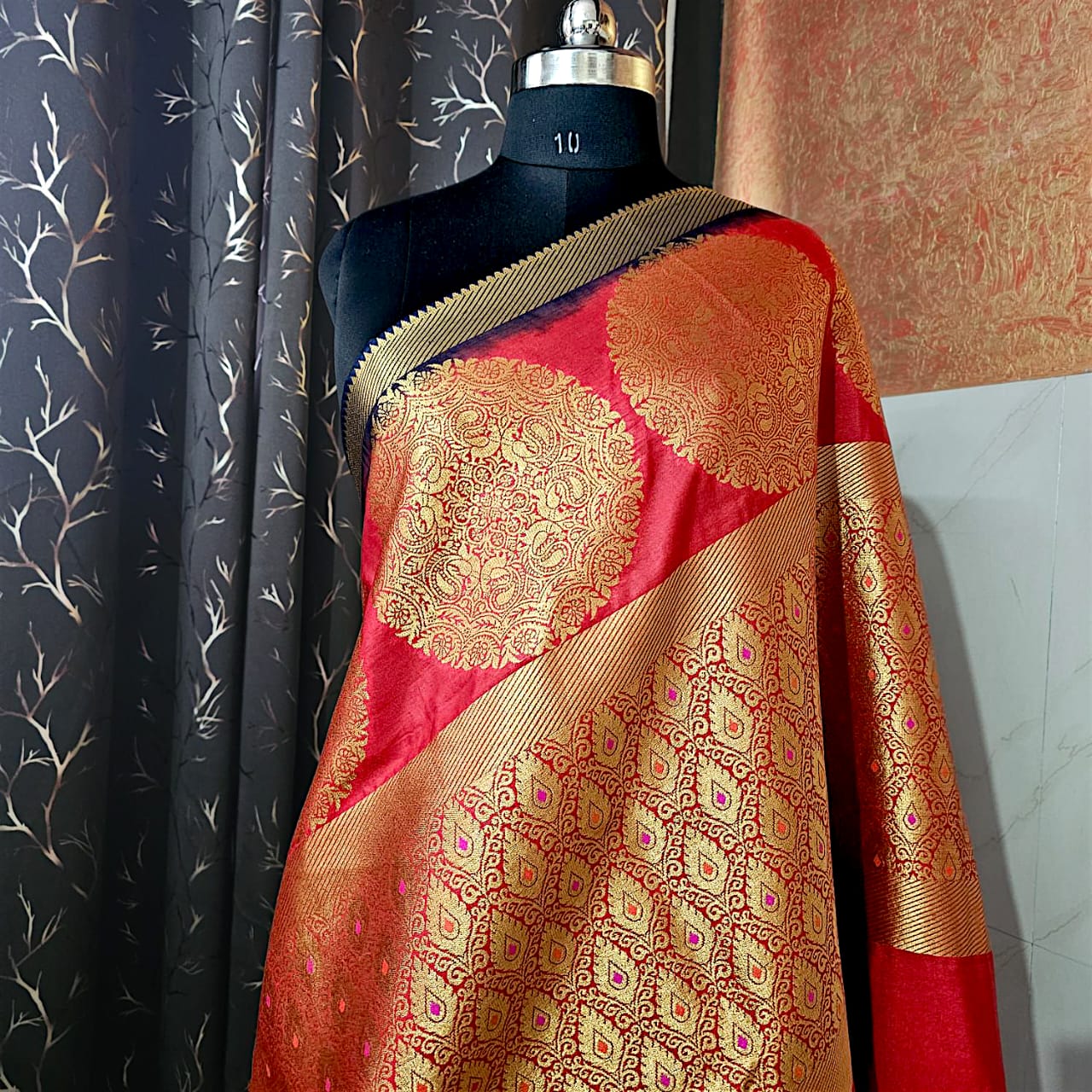“Navy blue Banarasi dupion silk saree with elegant traditional design,