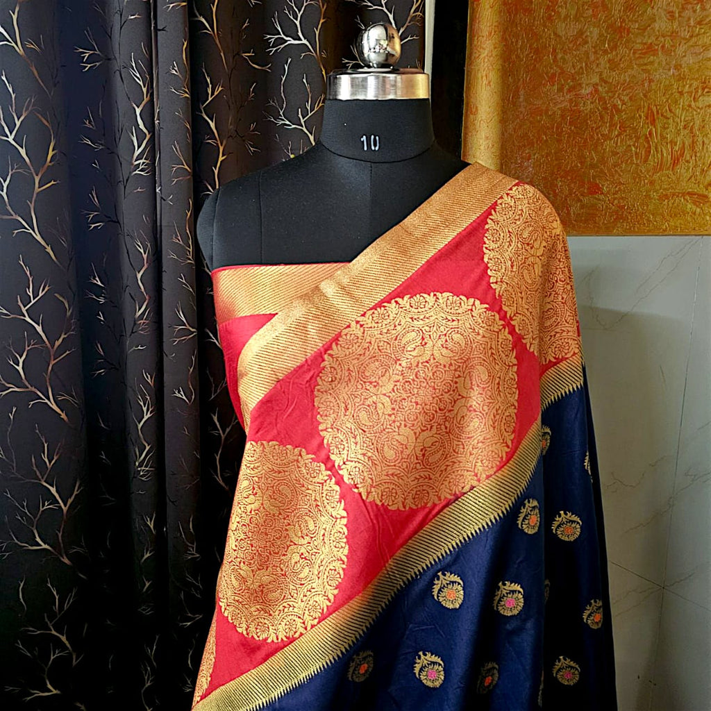“Navy blue Banarasi dupion silk saree with elegant traditional design,