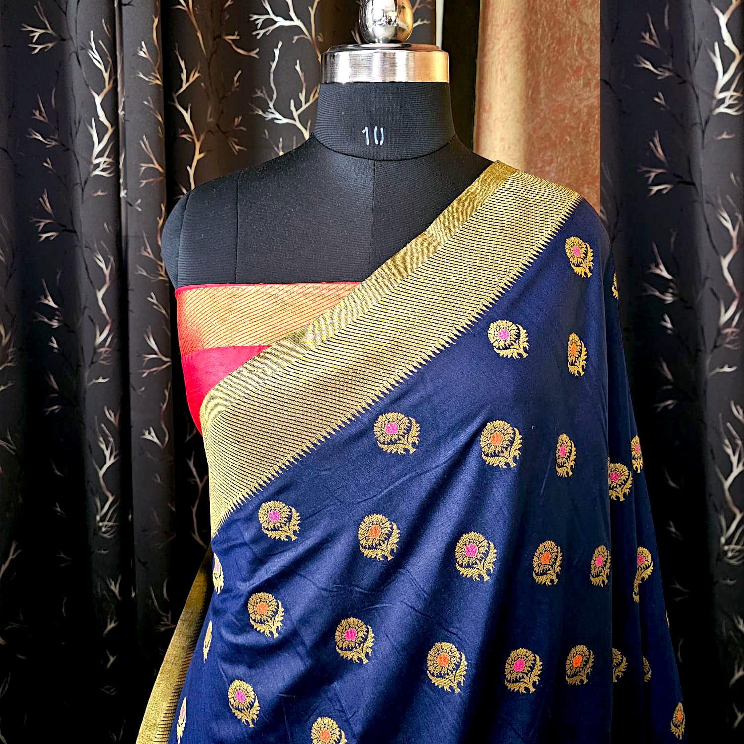 “Navy blue Banarasi dupion silk saree with elegant traditional design,