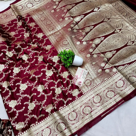 Maroon Golden Zari Katan Silk Banarasi Saree Banarsibrides