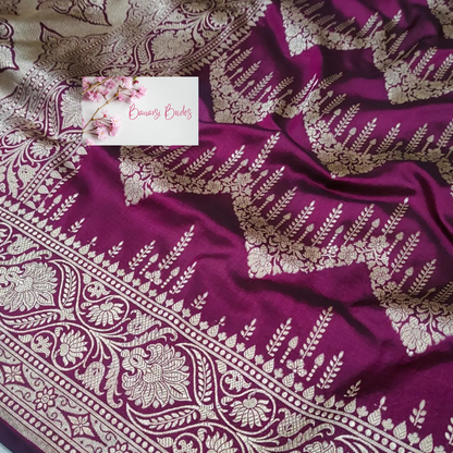 Purple Handloom Pure Katan Silk Banarasi Saree - Banarsi Brides