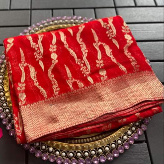 Banarsi soft silk red colour party wear saree Banarsi Brides