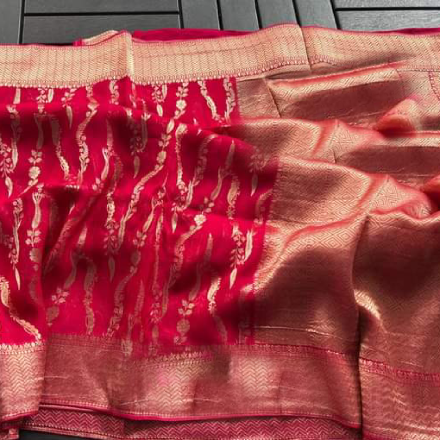 Banarsi soft silk red colour party wear saree Banarsi Brides