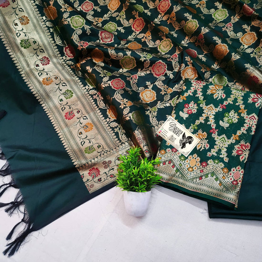 Bottle Green Meenakari Katan Silk Banarasi Suit