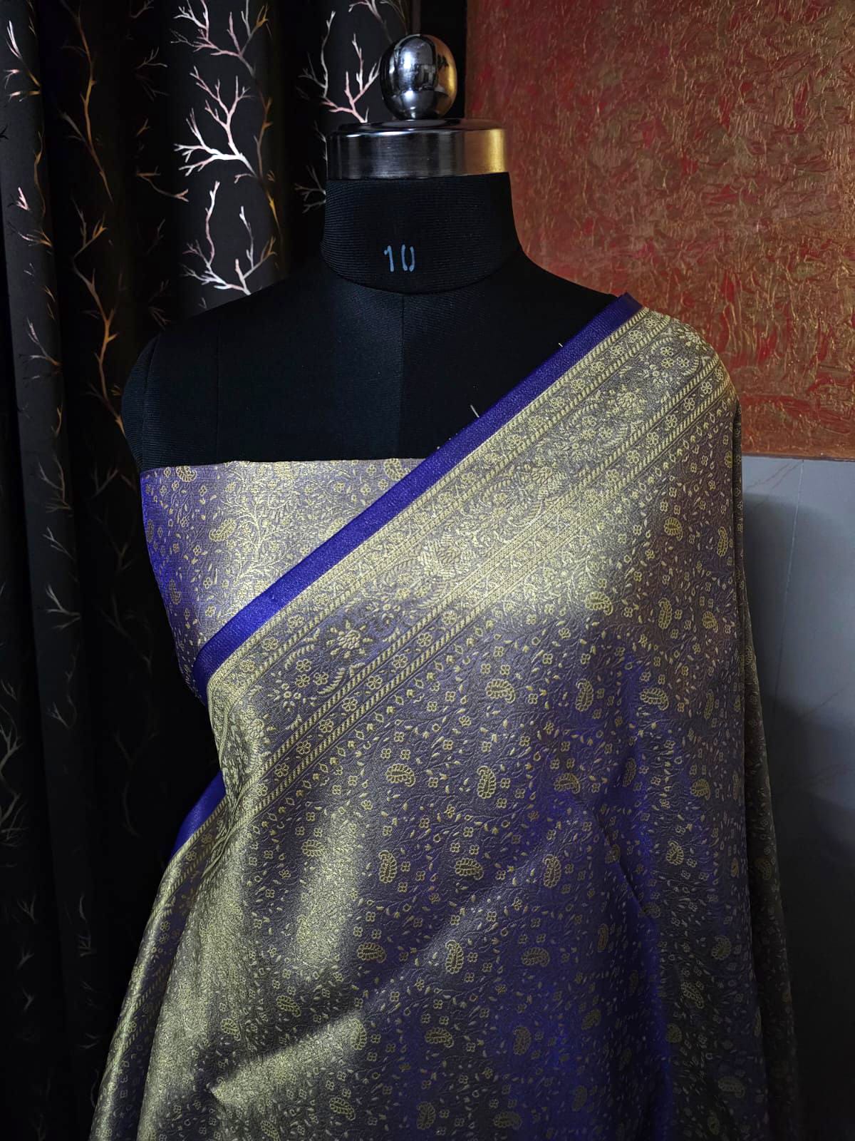“Navy Blue Tissue Brocade Silk Saree