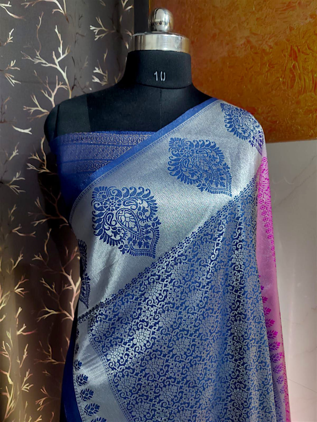 “Navy blue and rani pink silk saree, elegant traditional festive wear”