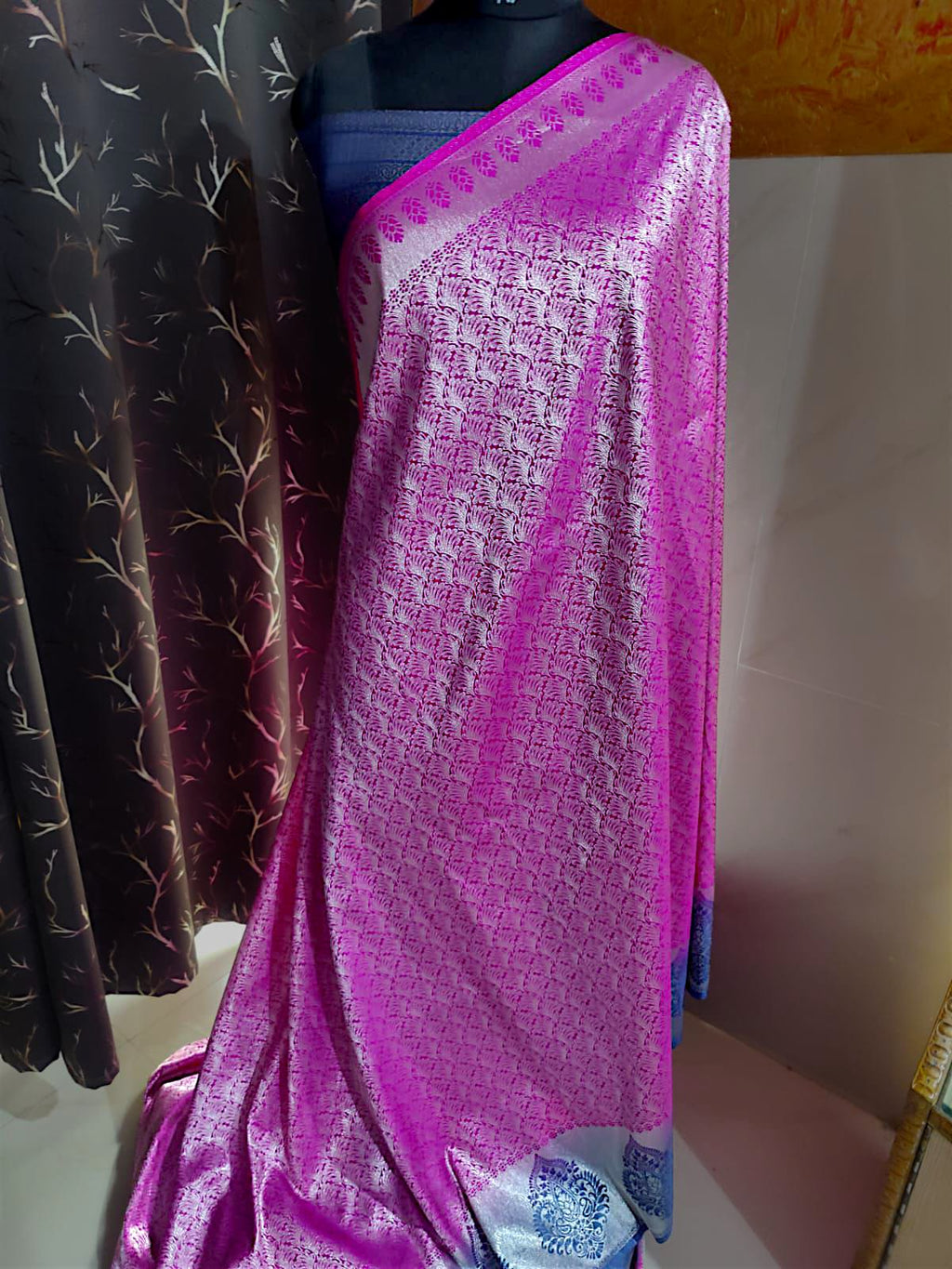 Banarasi silk saree in navy blue and rani pink, elegant traditional festive wear”