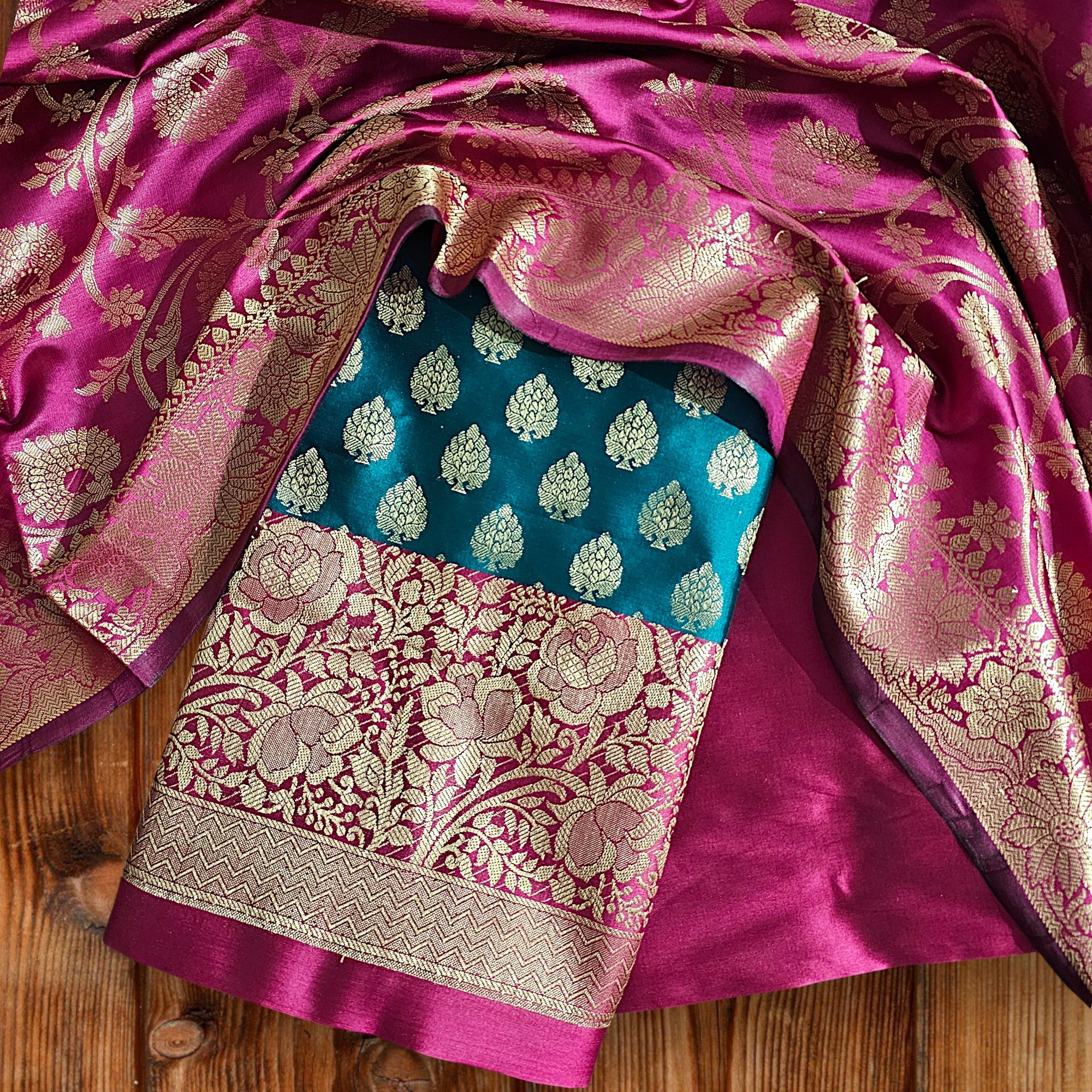  rani contrash satin Banarasi Silk Suit 