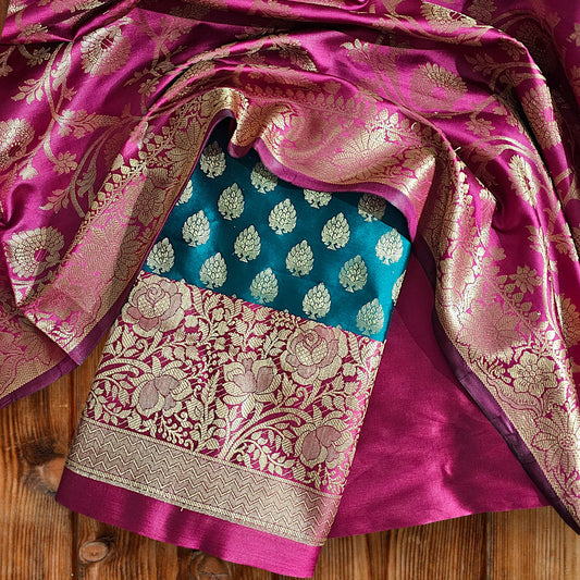  rani contrash satin Banarasi Silk Suit 