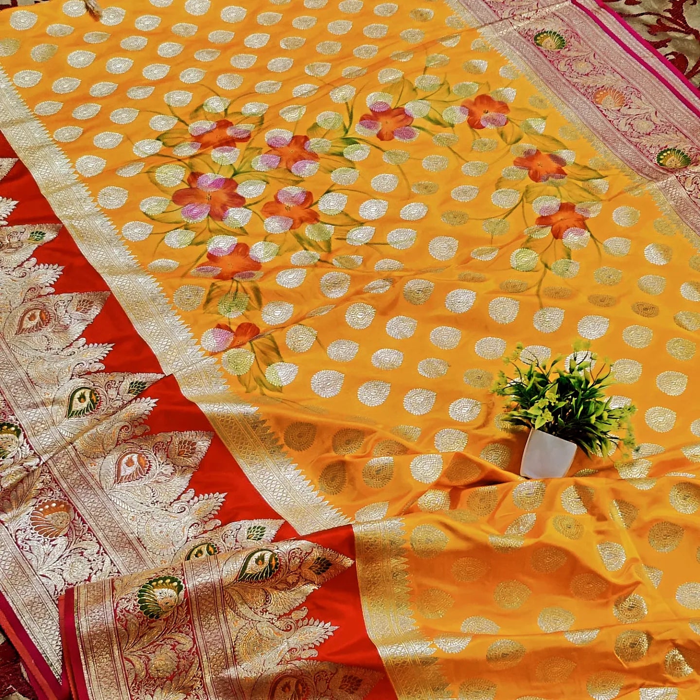 Katan silk saree with hand craft cuntras yellow or red saree - Banarsi Brides