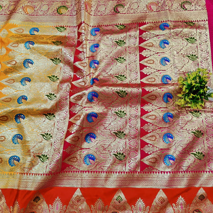 Katan silk saree with hand craft cuntras yellow or red saree - Banarsi Brides