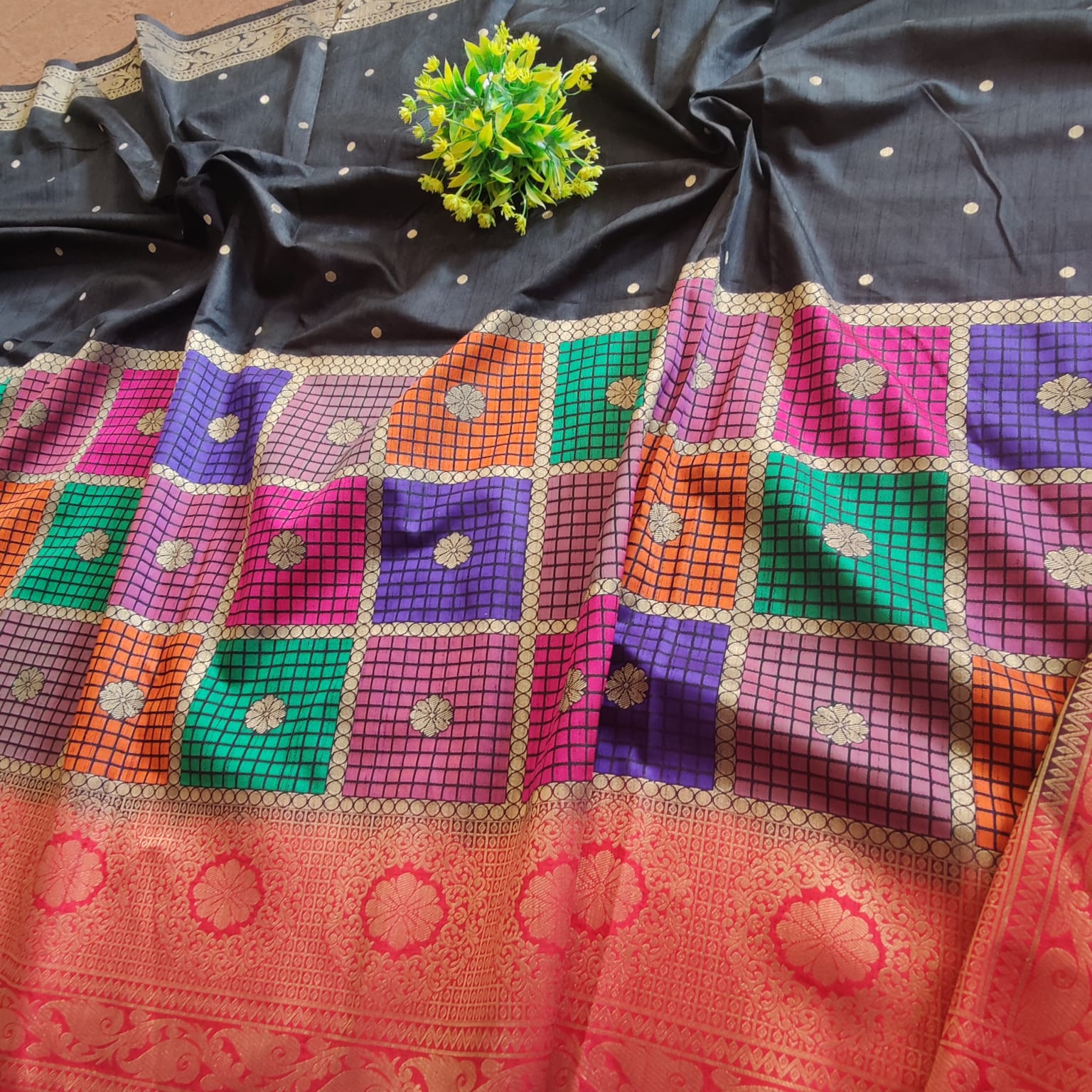 "Elegant black dupion silk saree with a rich texture and subtle sheen, offering a sophisticated and timeless look, perfect for any occasion."