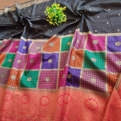 "Elegant black dupion silk saree with a rich texture and subtle sheen, offering a sophisticated and timeless look, perfect for any occasion."