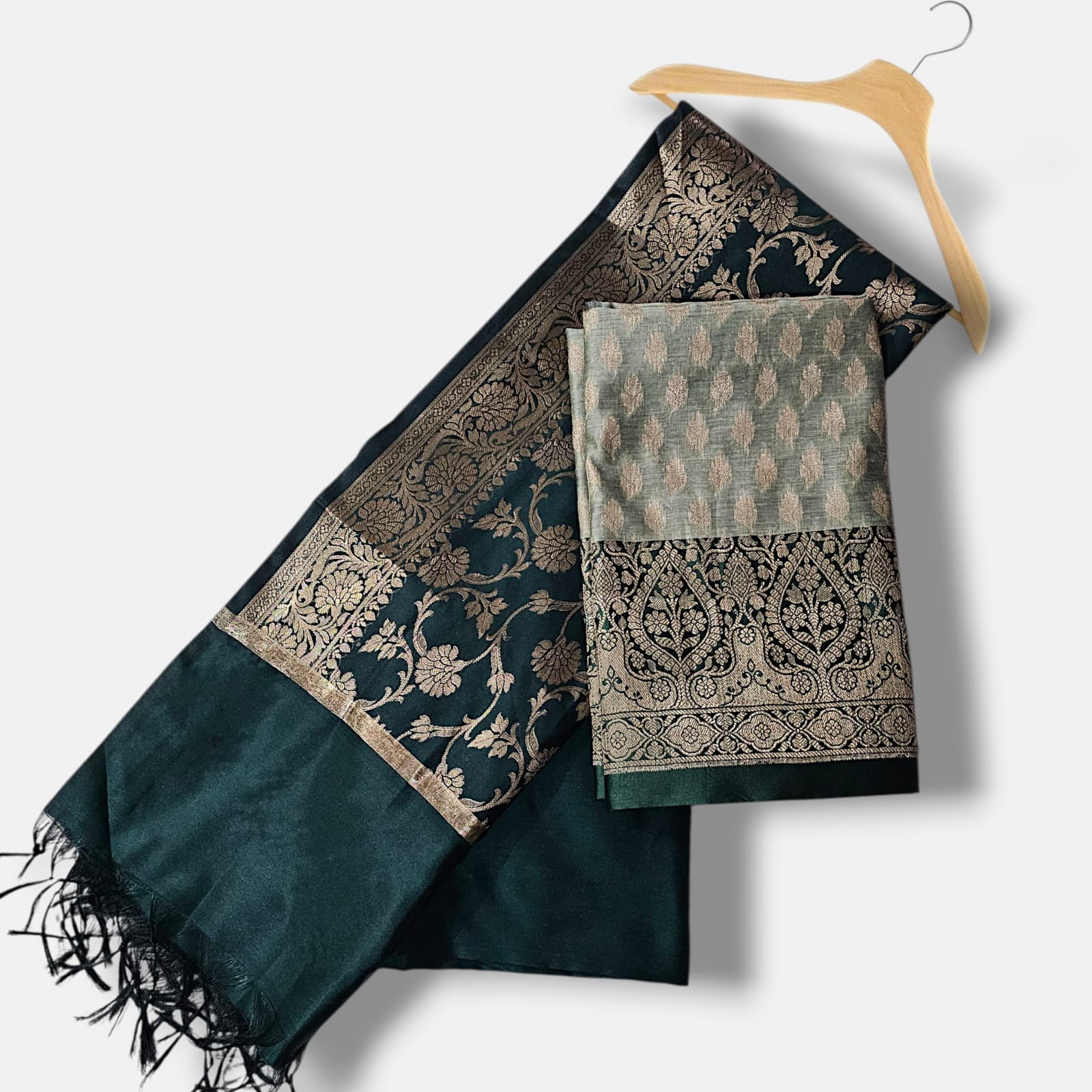 Bottle Green Cotton Banarasi Suit