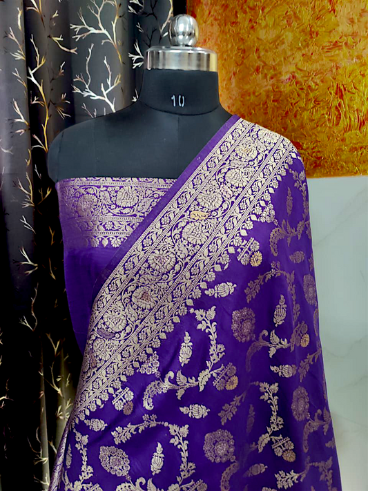 Purple Golden Zari Dupion Silk Banarasi Saree