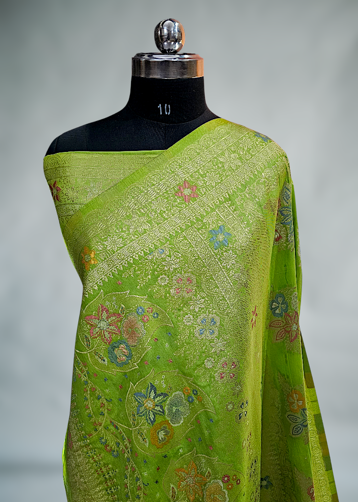 pista Green Banarasi Silk Saree with meenakari pashmeena