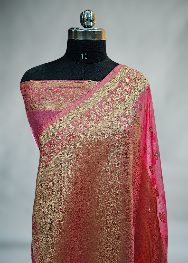 Stwabry Pink Banarasi Silk Saree
