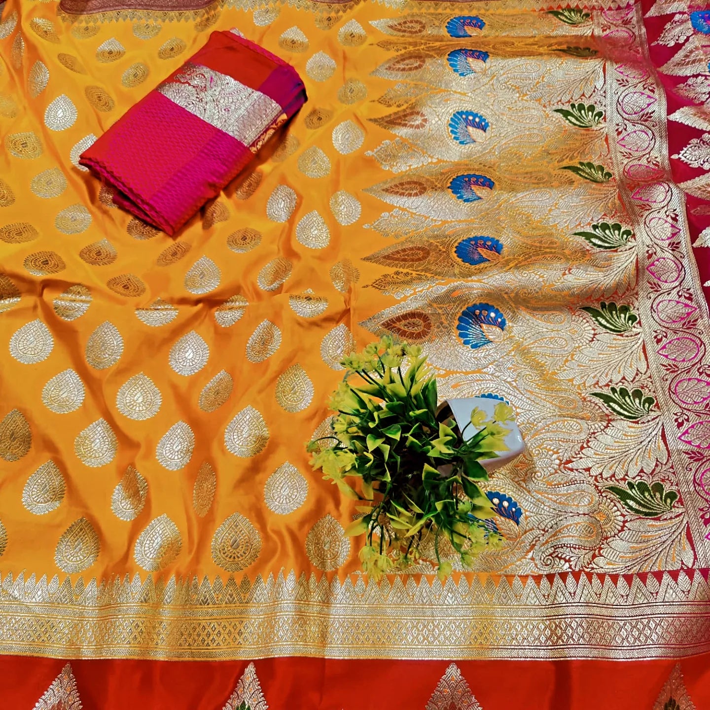 Katan silk saree with hand craft cuntras yellow or red saree - Banarsi Brides