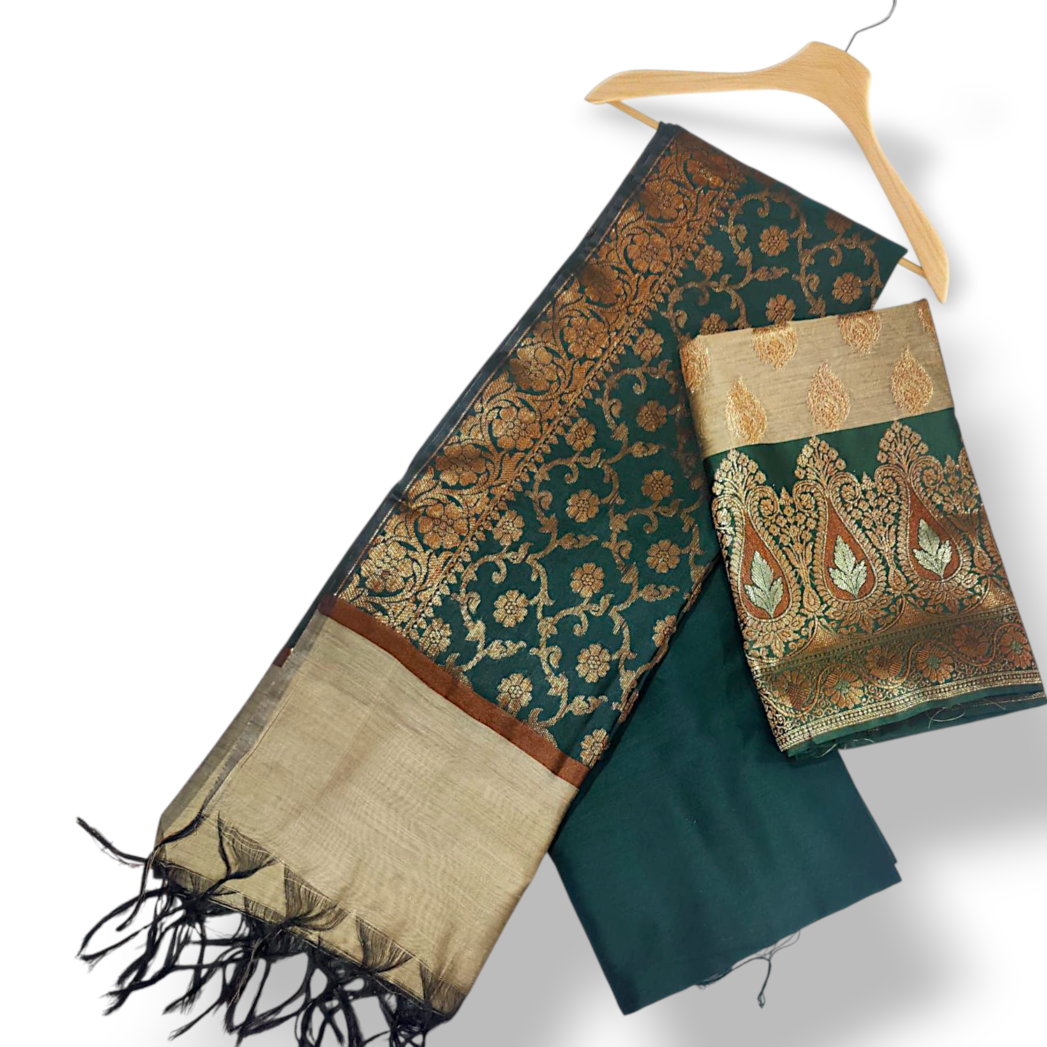 Bottle Green Surahi Jaal Cotton Banarasi Suit