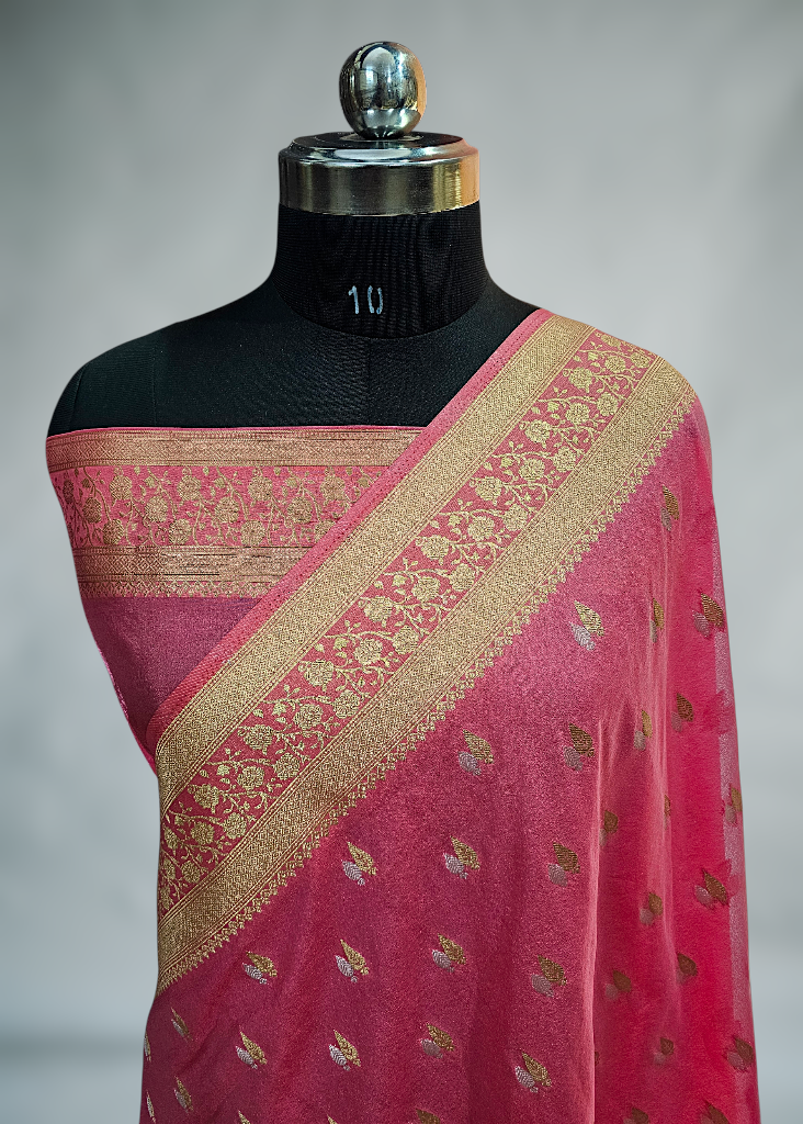 Stwabry Pink Banarasi Silk Saree