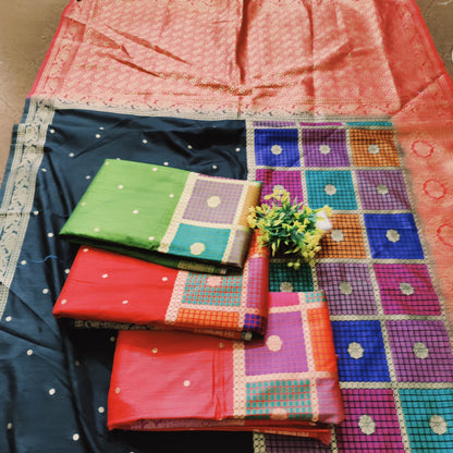 "Elegant black dupion silk saree with a rich texture and subtle sheen, offering a sophisticated and timeless look, perfect for any occasion."