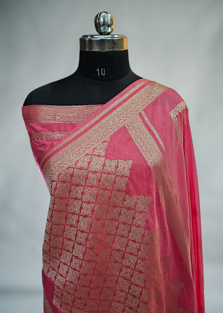 Strawberry pink buti Banarasi silk saree