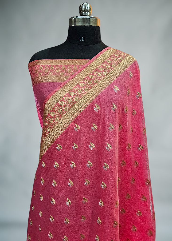 Stwabry Pink Banarasi Silk Saree