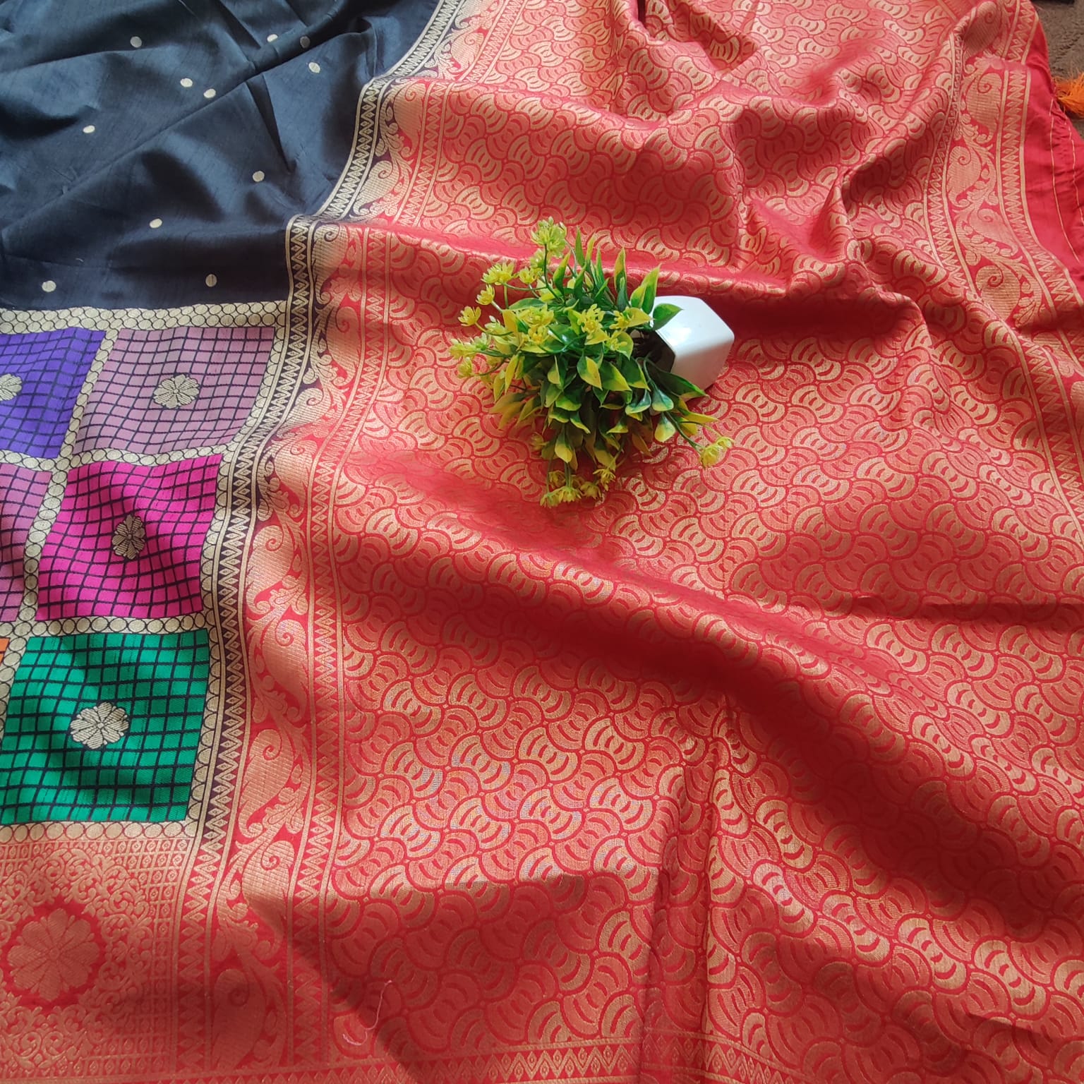 "Elegant black dupion silk saree with a rich texture and subtle sheen, offering a sophisticated and timeless look, perfect for any occasion."