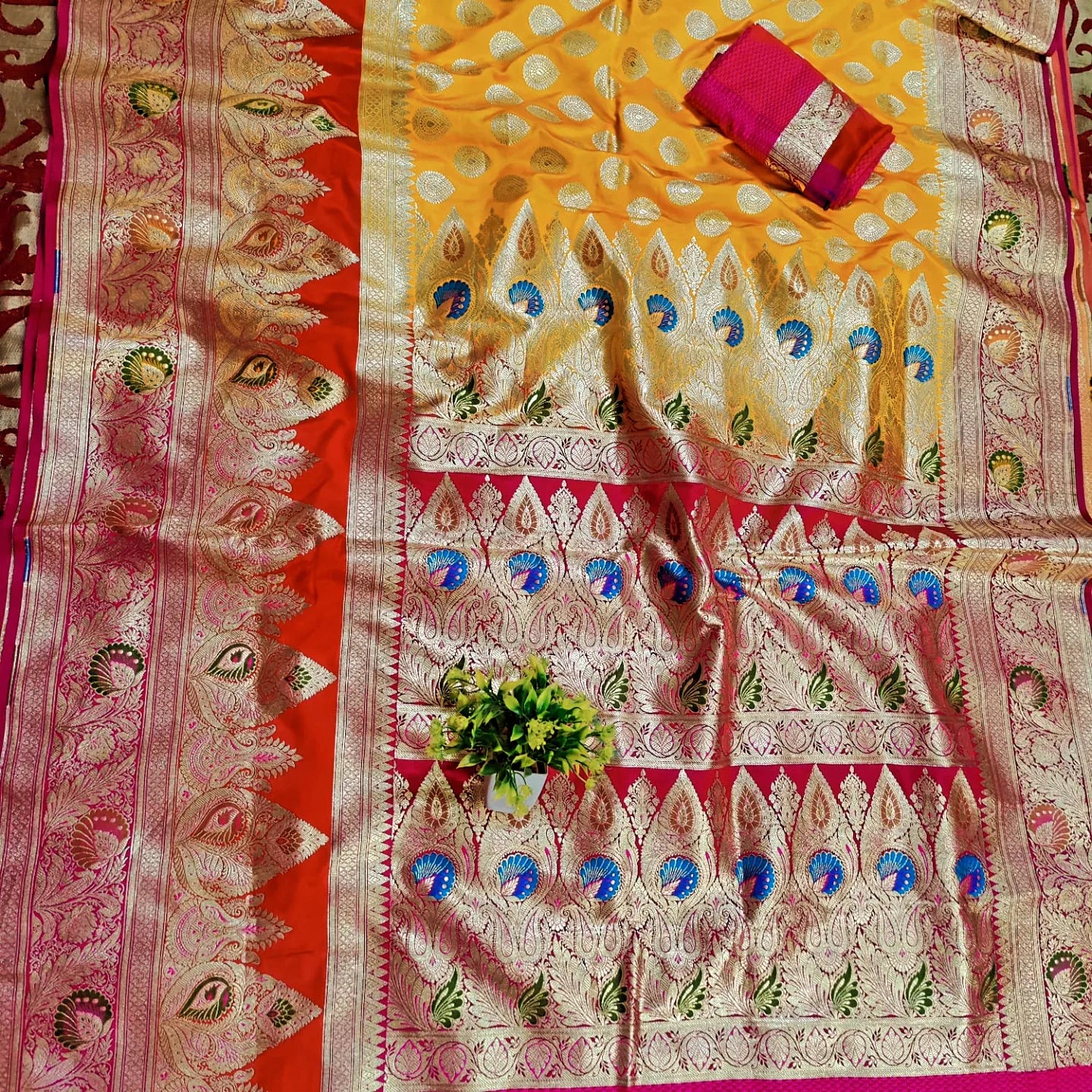 Katan silk saree with hand craft cuntras yellow or red saree - Banarsi Brides