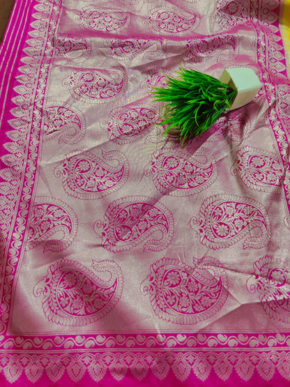 Yellow pink shades saree Banarsi Brides