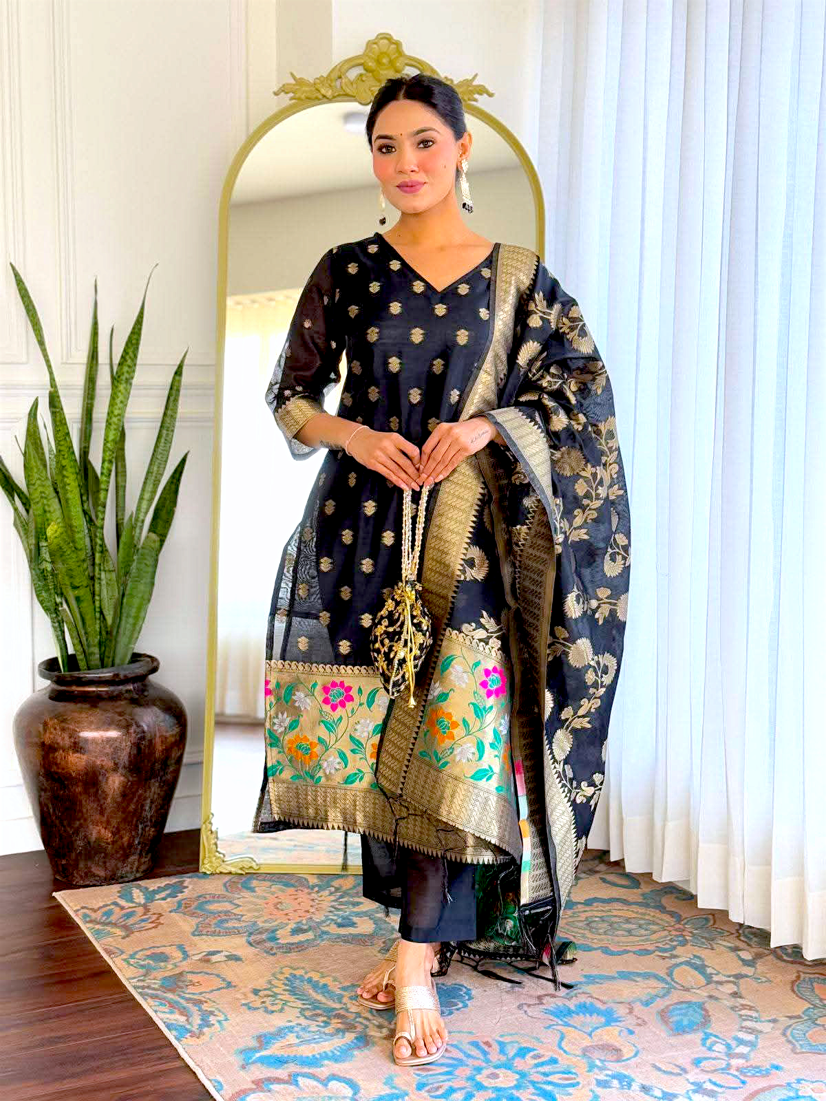 Black multi organza Silk Banarasi Suit