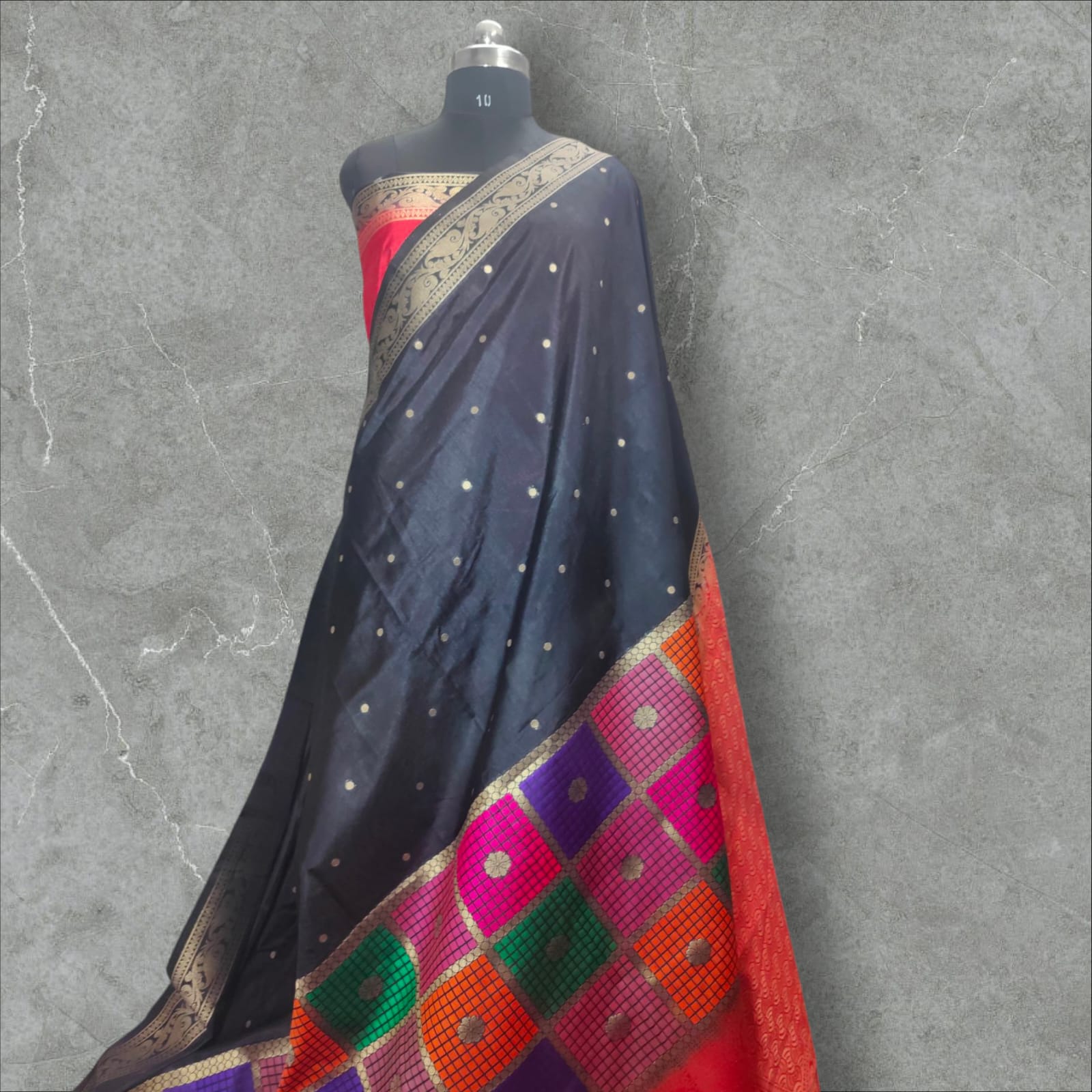 "Elegant black dupion silk saree with a rich texture and subtle sheen, offering a sophisticated and timeless look, perfect for any occasion."