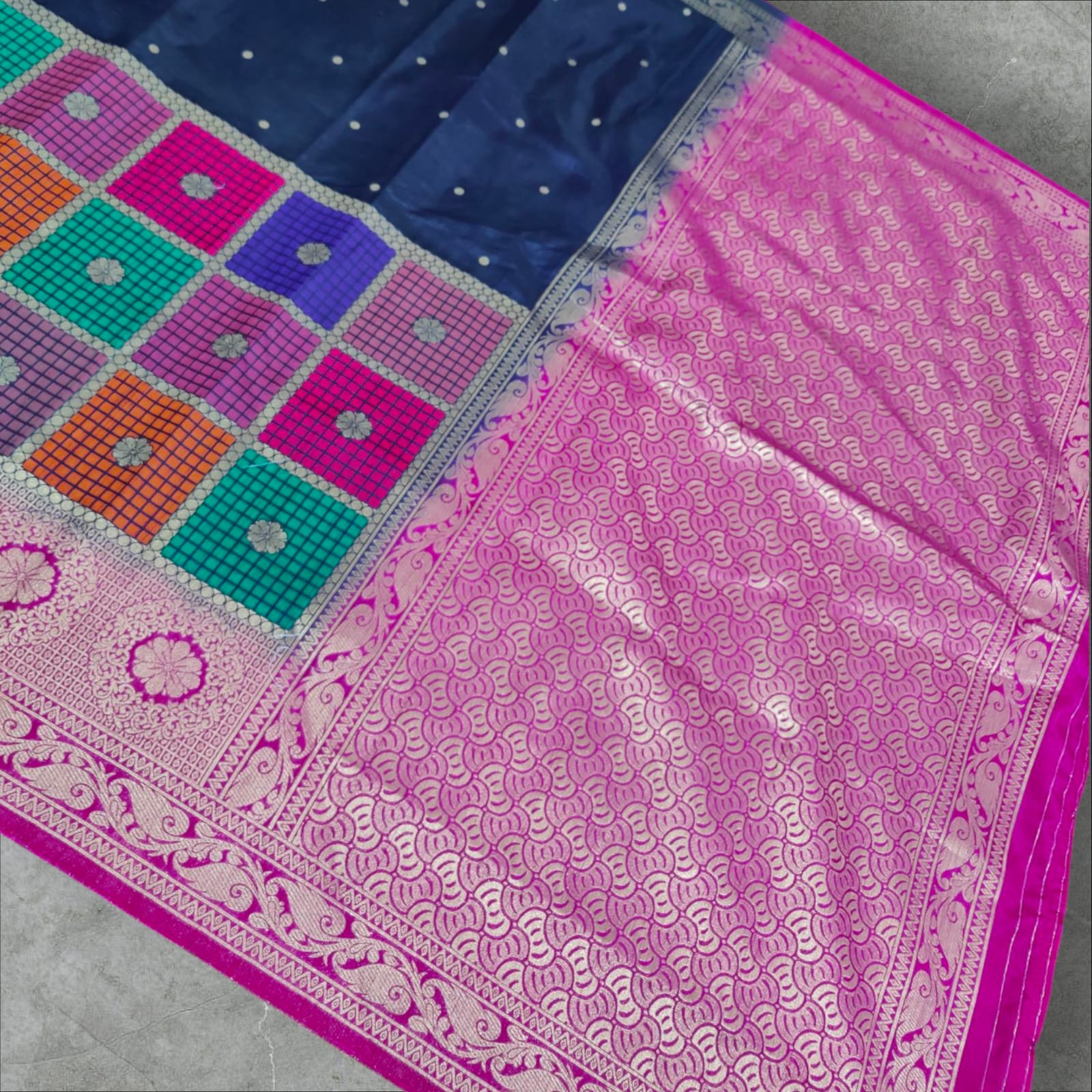 "Beautiful Dupion Silk Saree with Rich Zari Work | Navy Blue & Pink Traditional Saree | Festive & Wedding Wear Silk Saree"