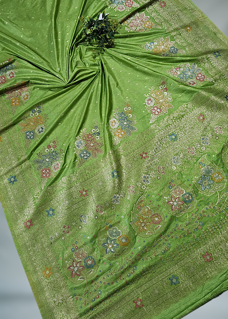 pista Green Banarasi Silk Saree with meenakari pashmeena