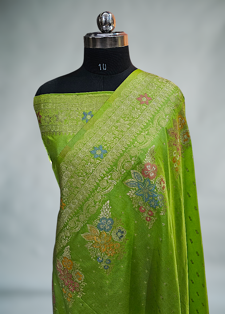 pista Green Banarasi Silk Saree with meenakari pashmeena
