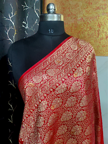 Red Golden Zari Dupion Silk Banarasi Saree
