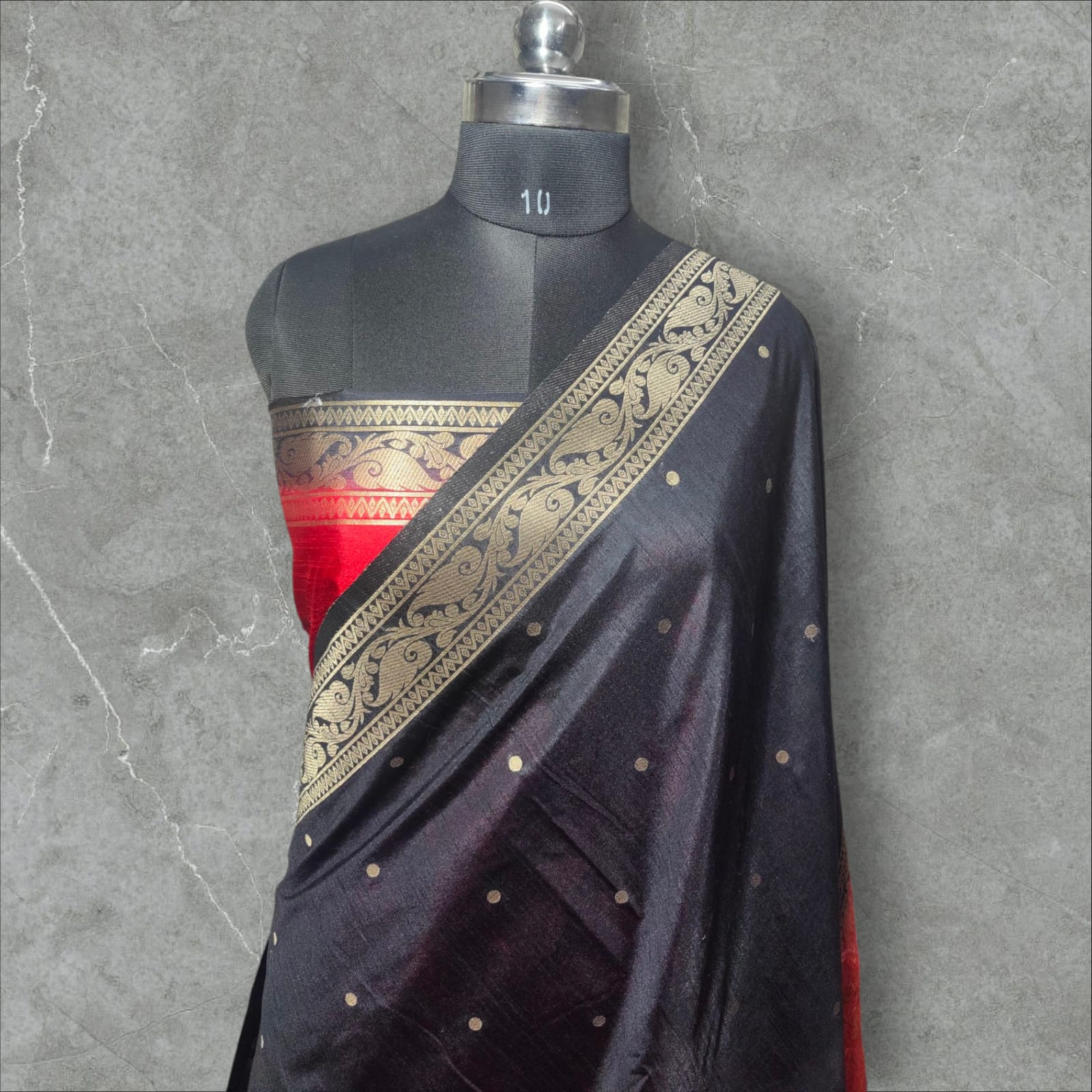 "Elegant black dupion silk saree with a rich texture and subtle sheen, offering a sophisticated and timeless look, perfect for any occasion."